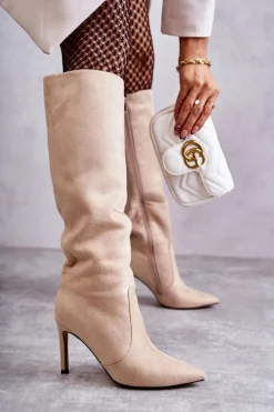 Damskie Boto Zamszowe Kozaki Na Szpilce Beżowe Carite