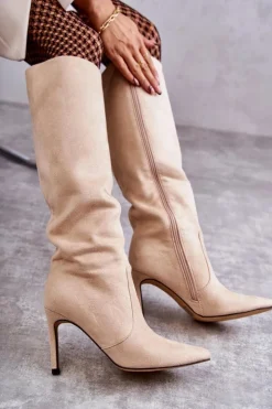 Damskie Boto Zamszowe Kozaki Na Szpilce Beżowe Carite
