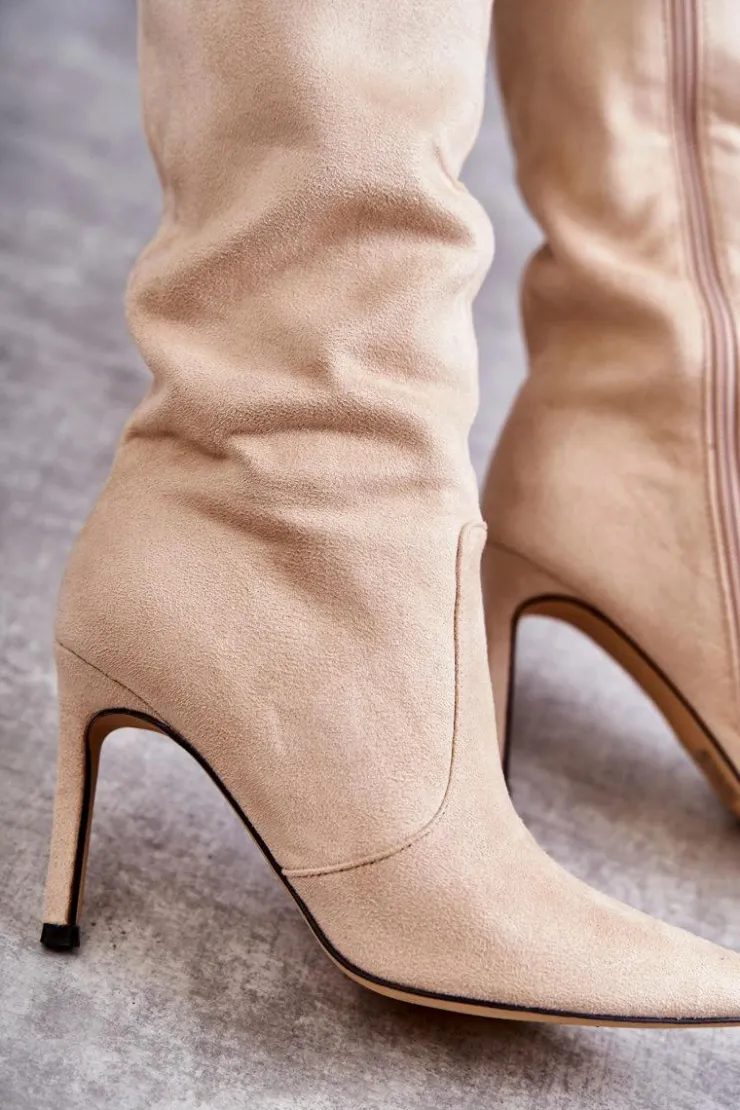Damskie Boto Zamszowe Kozaki Na Szpilce Beżowe Carite