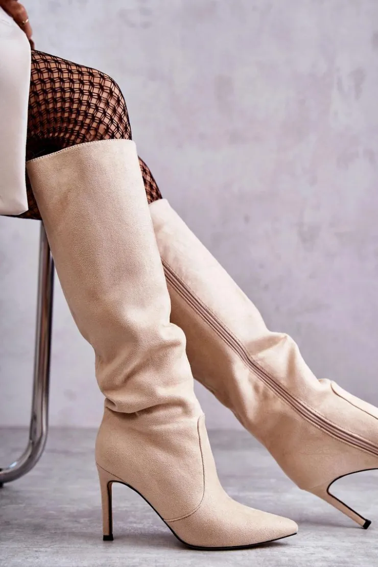 Damskie Boto Zamszowe Kozaki Na Szpilce Beżowe Carite