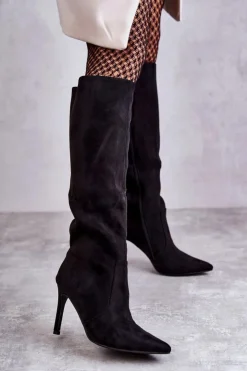 Damskie Boto Zamszowe Kozaki Na Szpilce Czarne Carite