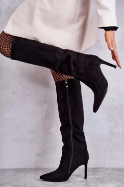 Damskie Boto Zamszowe Kozaki Na Szpilce Czarne Carite