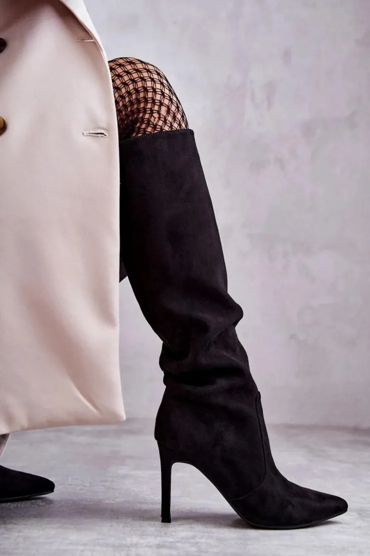 Damskie Boto Zamszowe Kozaki Na Szpilce Czarne Carite