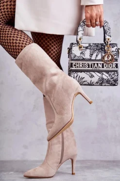 Damskie Boto Zamszowe Kozaki Na Szpilce Beżowe Arison