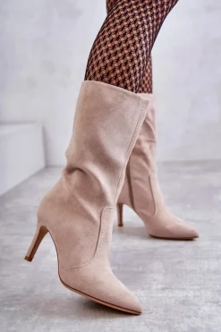 Damskie Boto Zamszowe Kozaki Na Szpilce Beżowe Arison