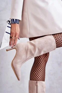 Damskie Boto Zamszowe Kozaki Na Szpilce Beżowe Arison