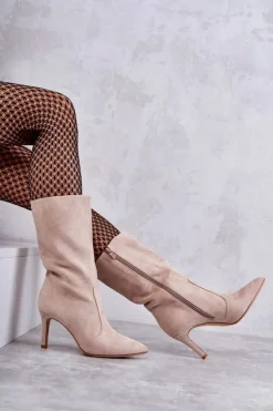 Damskie Boto Zamszowe Kozaki Na Szpilce Beżowe Arison