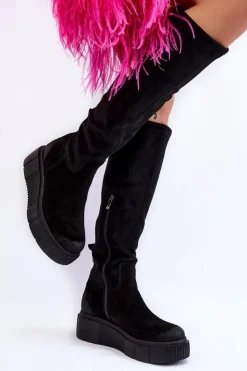 Discount Boto Zamszowe Kozaki Przed Kolano Na Platformie Czarne Lemar Spectrum