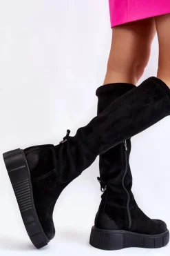 Discount Boto Zamszowe Kozaki Przed Kolano Na Platformie Czarne Lemar Spectrum