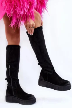 Discount Boto Zamszowe Kozaki Przed Kolano Na Platformie Czarne Lemar Spectrum