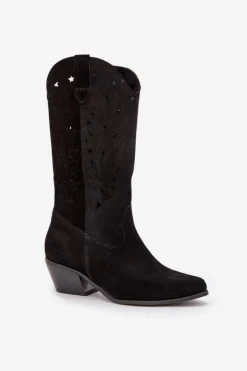 Boto Kozaki Na Słupku|Kozaki Ażurowe*Zamszowe Kozaki Z Ażurową Cholewką Zazoo 3609 Czarne Czarny
