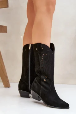 Boto Kozaki Na Słupku|Kozaki Ażurowe*Zamszowe Kozaki Z Ażurową Cholewką Zazoo 3609 Czarne Czarny