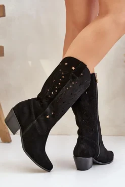 Boto Kozaki Na Słupku|Kozaki Ażurowe*Zamszowe Kozaki Z Ażurową Cholewką Zazoo 3609 Czarne Czarny