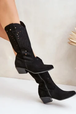 Boto Kozaki Na Słupku|Kozaki Ażurowe*Zamszowe Kozaki Z Ażurową Cholewką Zazoo 3609 Czarne Czarny