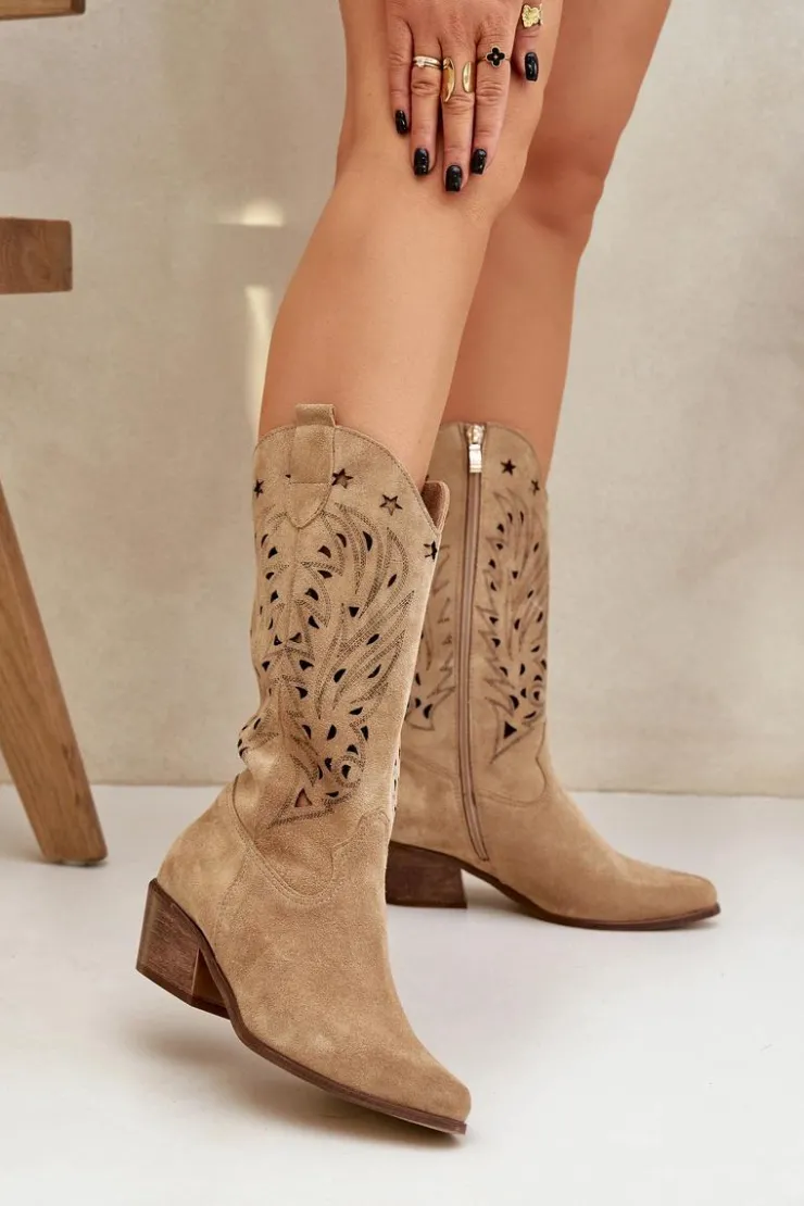 Damskie Boto Zamszowe Kozaki Z Ażurową Cholewką Zazoo 3714 Beżowe