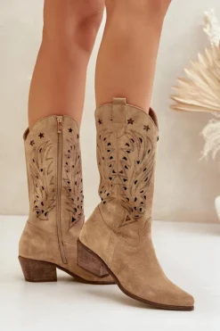 Damskie Boto Zamszowe Kozaki Z Ażurową Cholewką Zazoo 3714 Beżowe