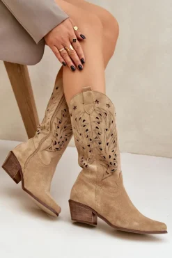 Damskie Boto Zamszowe Kozaki Z Ażurową Cholewką Zazoo 3714 Beżowe