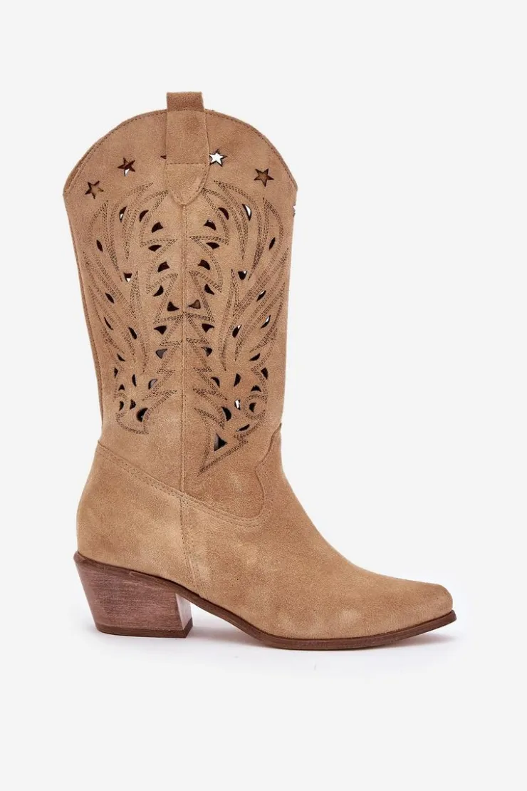 Damskie Boto Zamszowe Kozaki Z Ażurową Cholewką Zazoo 3714 Beżowe