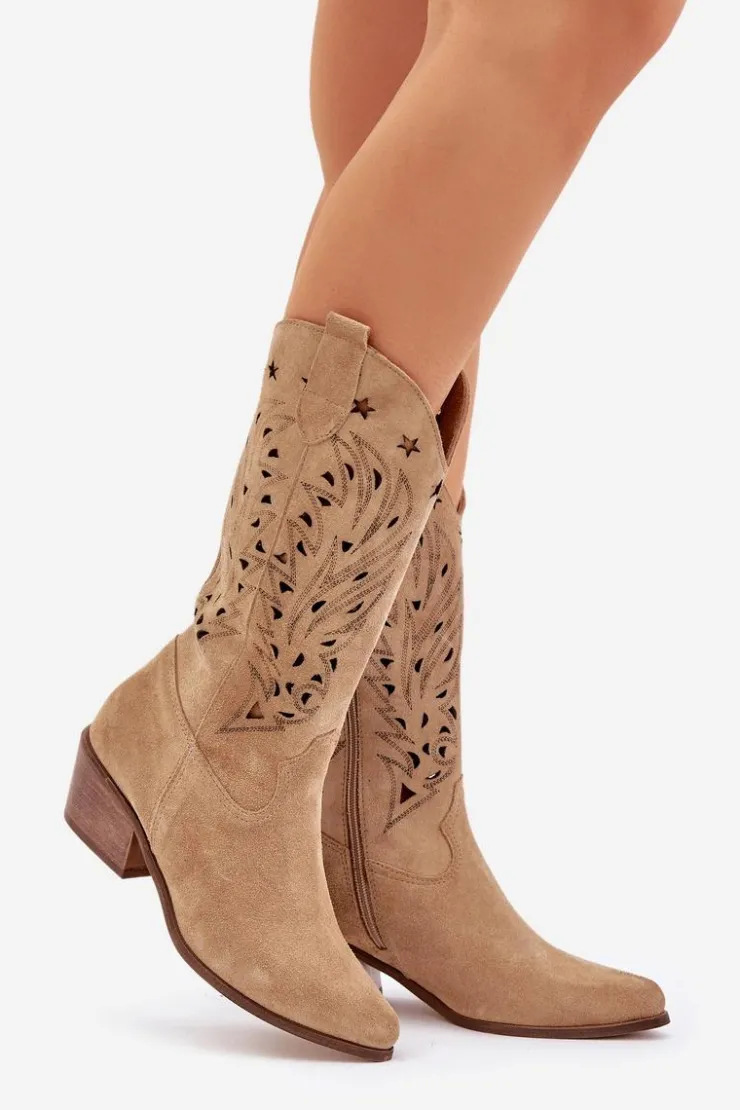Damskie Boto Zamszowe Kozaki Z Ażurową Cholewką Zazoo 3714 Beżowe