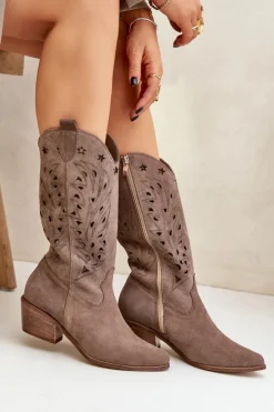 Boto Kozaki Ażurowe|Kozaki Na Obcasie*Zamszowe Kozaki Z Ażurową Cholewką Zazoo 3609 Brązowe