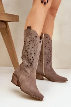 Boto Kozaki Ażurowe|Kozaki Na Obcasie*Zamszowe Kozaki Z Ażurową Cholewką Zazoo 3609 Brązowe