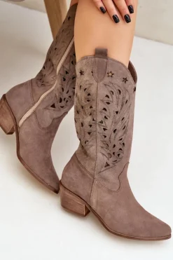 Boto Kozaki Ażurowe|Kozaki Na Obcasie*Zamszowe Kozaki Z Ażurową Cholewką Zazoo 3609 Brązowe