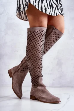Damskie Boto Zamszowe Kozaki Z Ażurowym Wzorem Ciemnobeżowe Arinna
