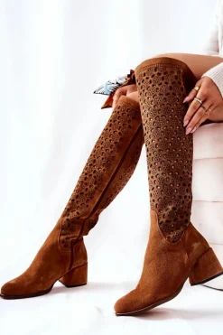 Damskie Boto Zamszowe Kozaki Z Ażurowym Wzorem Brązowe Hekilea