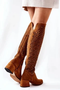 Damskie Boto Zamszowe Kozaki Z Ażurowym Wzorem Brązowe Hekilea