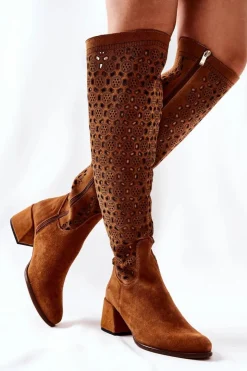 Damskie Boto Zamszowe Kozaki Z Ażurowym Wzorem Brązowe Hekilea