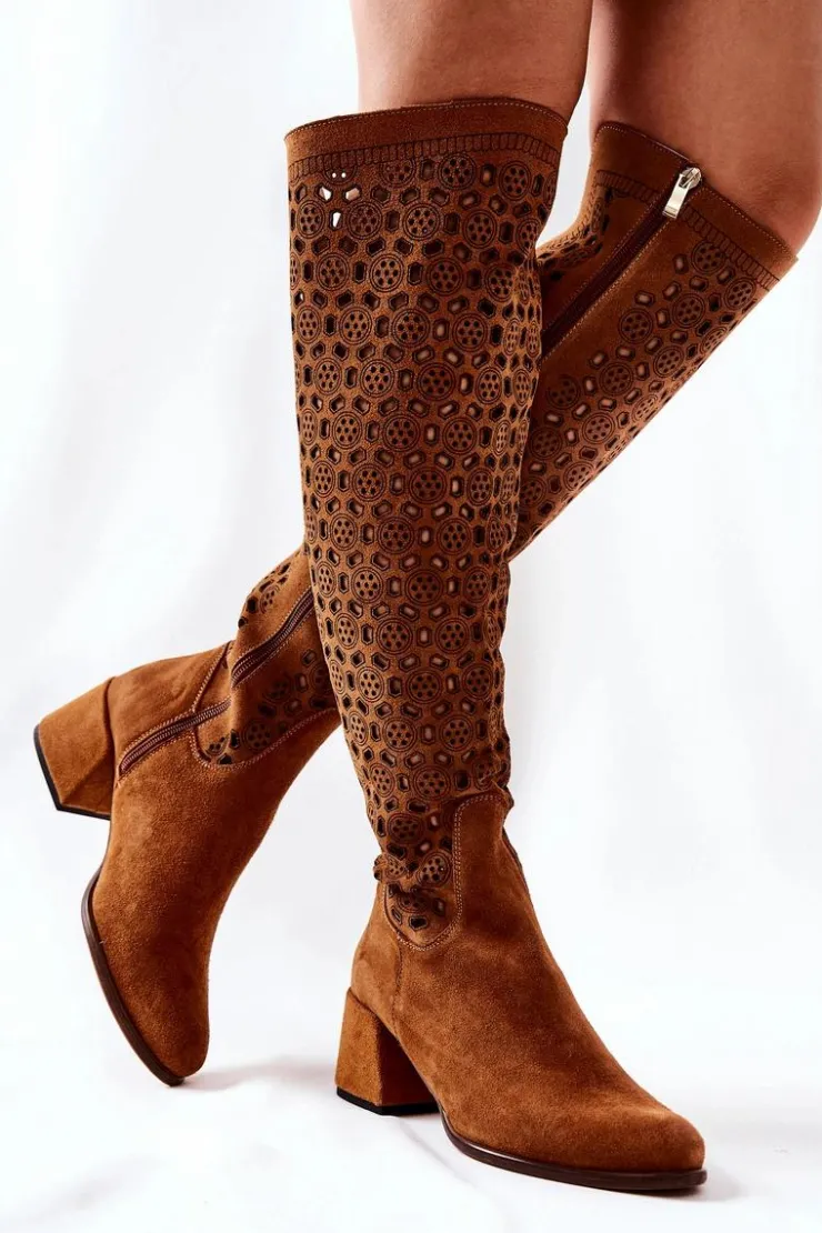 Damskie Boto Zamszowe Kozaki Z Ażurowym Wzorem Brązowe Hekilea