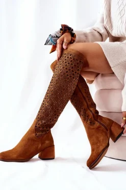 Damskie Boto Zamszowe Kozaki Z Ażurowym Wzorem Brązowe Hekilea