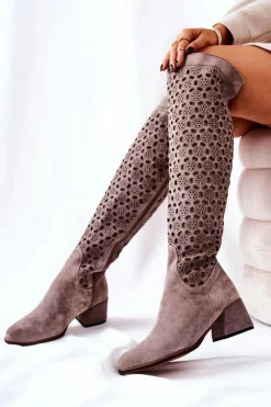 Boto Kozaki Za Kolano|Kozaki Wiosenne*Zamszowe Kozaki Z Ażurowym Wzorem Jasnobrązowe Hekilea