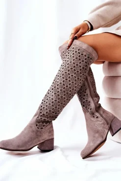 Boto Kozaki Za Kolano|Kozaki Wiosenne*Zamszowe Kozaki Z Ażurowym Wzorem Jasnobrązowe Hekilea