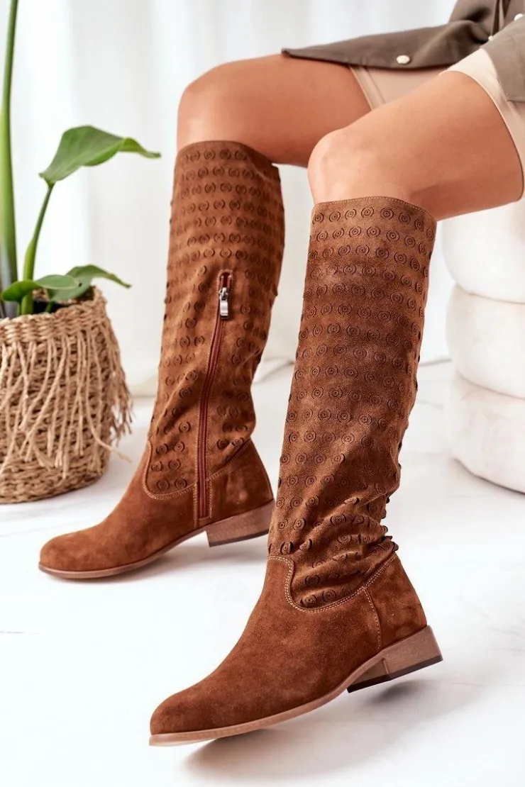 Damskie Boto Zamszowe Kozaki Z Ażurowym Wzorem Brązowe Montana