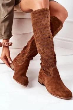 Damskie Boto Zamszowe Kozaki Z Ażurowym Wzorem Brązowe Montana