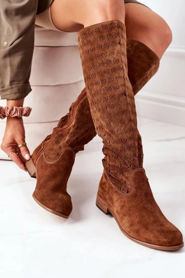 Damskie Boto Zamszowe Kozaki Z Ażurowym Wzorem Brązowe Montana