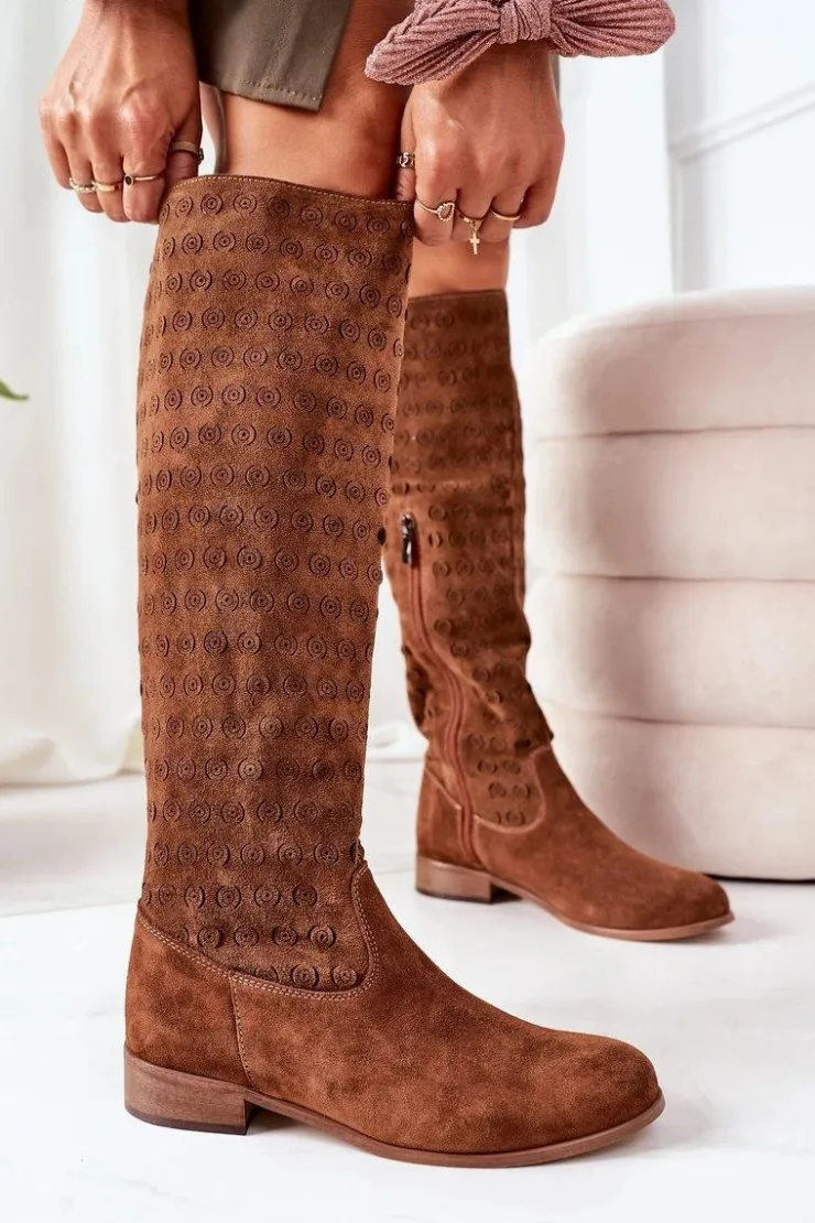 Damskie Boto Zamszowe Kozaki Z Ażurowym Wzorem Brązowe Montana