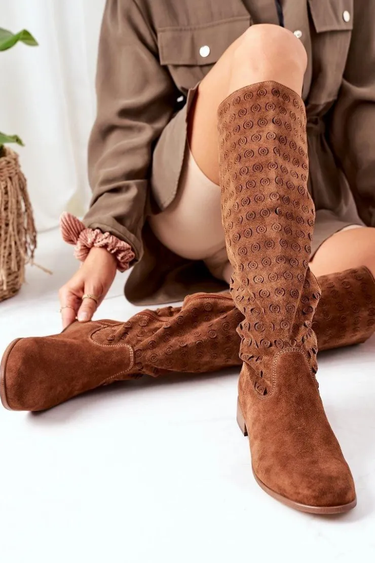 Damskie Boto Zamszowe Kozaki Z Ażurowym Wzorem Brązowe Montana