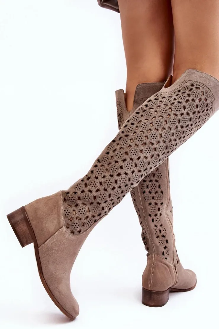 Damskie Boto Zamszowe Kozaki Z Ażurowym Wzorem Beżowe Pointe