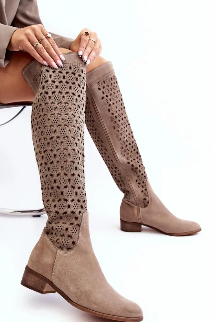 Damskie Boto Zamszowe Kozaki Z Ażurowym Wzorem Beżowe Pointe