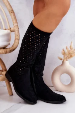 Hot Damskie buty S.Barski Zamszowe Kozaki Z Ażurowym Wzorem Czarne Darnell