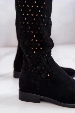 Hot Damskie buty S.Barski Zamszowe Kozaki Z Ażurowym Wzorem Czarne Darnell