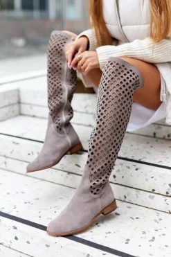 Clearance Boto Zamszowe Kozaki Z Ażurowym Wzorem Jasnobrązowe Arinna