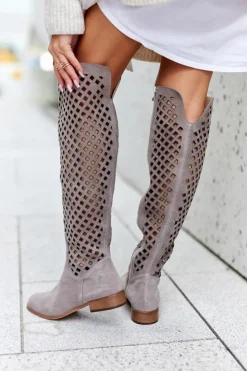 Clearance Boto Zamszowe Kozaki Z Ażurowym Wzorem Jasnobrązowe Arinna