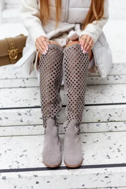 Clearance Boto Zamszowe Kozaki Z Ażurowym Wzorem Jasnobrązowe Arinna