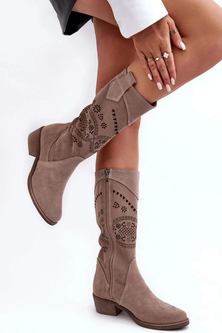 Boto Kozaki Wiosenne|Kozaki Ażurowe*Zamszowe Kozaki Z Ażurowym Wzorem Cappuccino Sierra