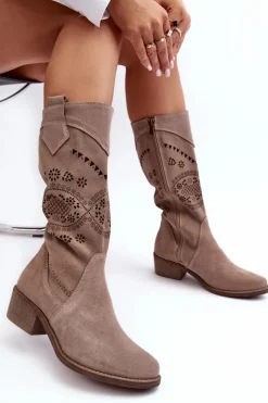 Boto Kozaki Wiosenne|Kozaki Ażurowe*Zamszowe Kozaki Z Ażurowym Wzorem Cappuccino Sierra