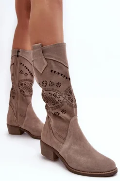 Boto Kozaki Wiosenne|Kozaki Ażurowe*Zamszowe Kozaki Z Ażurowym Wzorem Cappuccino Sierra