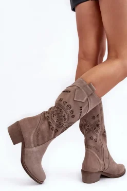 Boto Kozaki Wiosenne|Kozaki Ażurowe*Zamszowe Kozaki Z Ażurowym Wzorem Cappuccino Sierra
